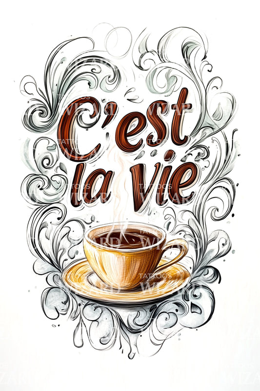 Cest La Vie Flourish Coffee Tattoo Design