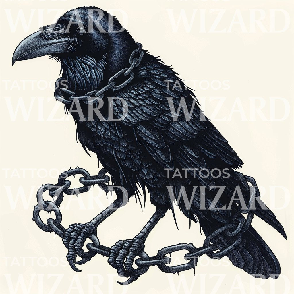 Chained Raven with Dripping Effect Tattoo Design