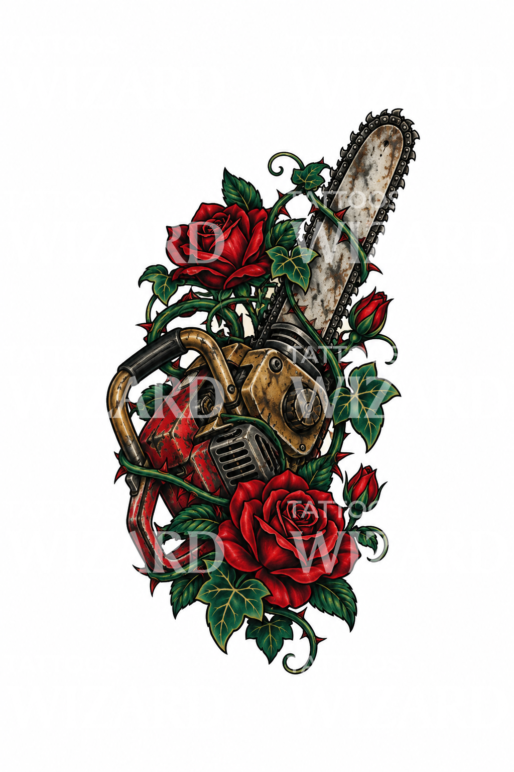 Tatuaggio con motosega avvolta dalle rose