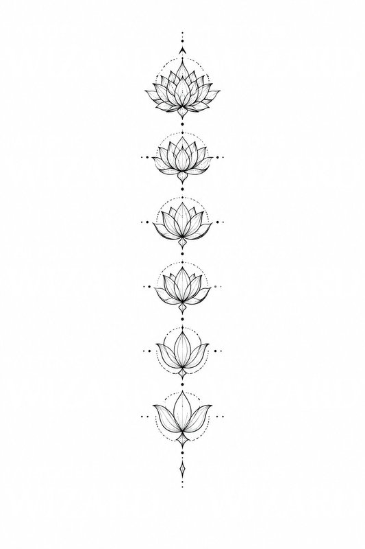 Fine line tattoo-idee met chakralotus langs de ruggengraat