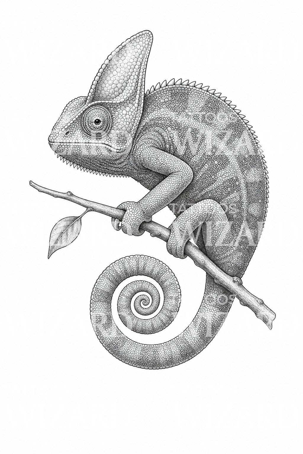 Dotwork tetovací motiv chameleona na větvi