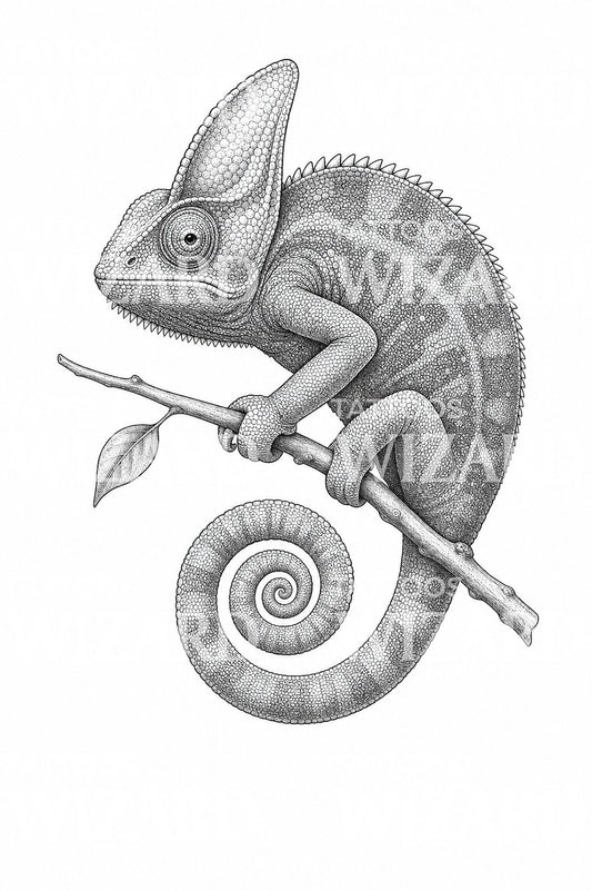 Dal Üzerinde Bukalemun Dotwork Dövme Tasarımı