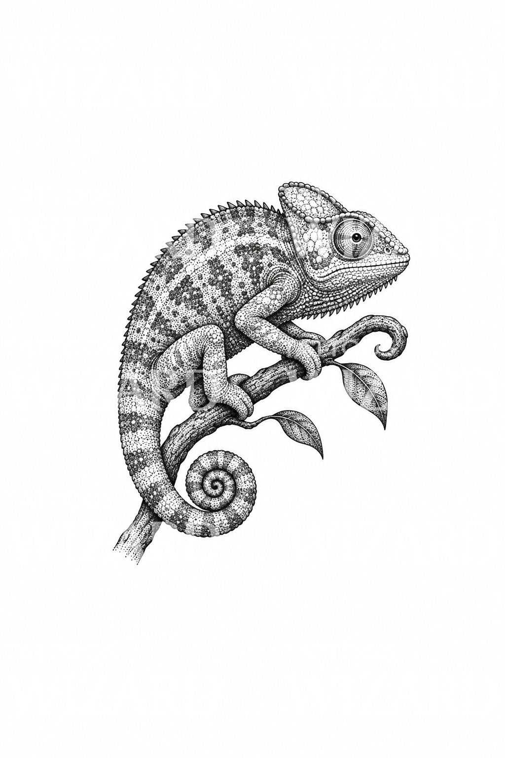 Camaleón sobre rama curvada, tatuaje dotwork