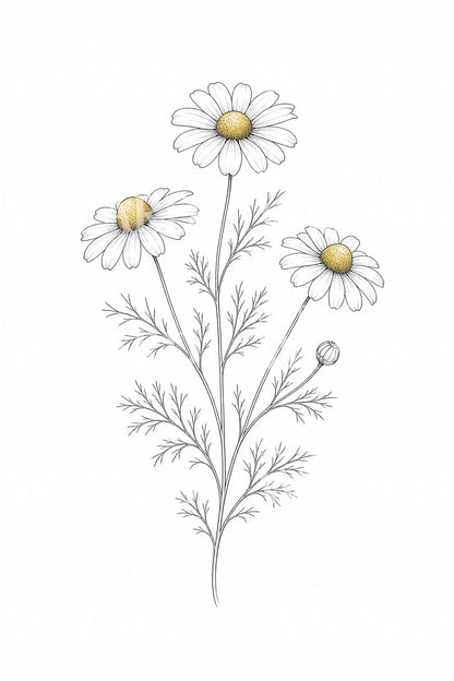 Chamomile Sprig Fine Line Tattoo Design