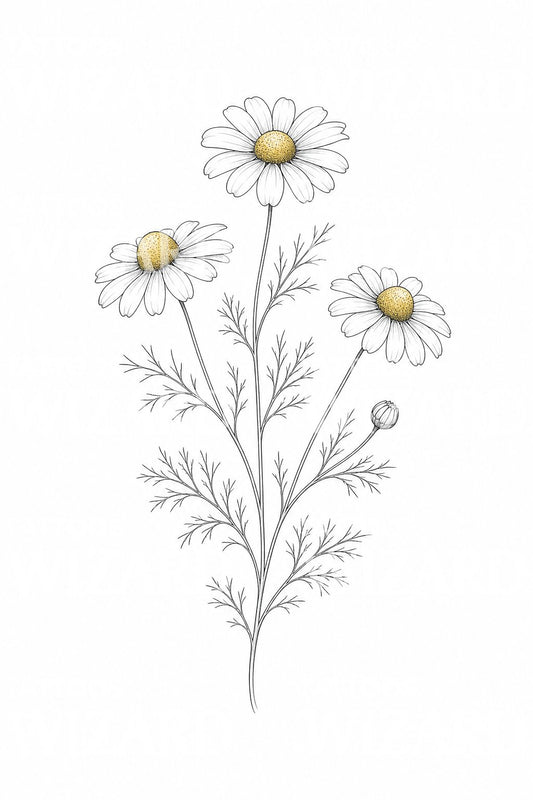 Fine line tattoo ontwerp met kamilletakje