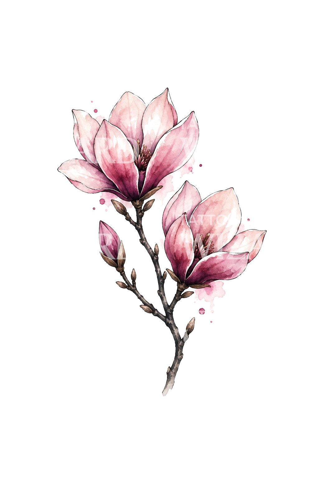 Tatoeage-illustratie van pruimkleurige magnolia met houtskooltak