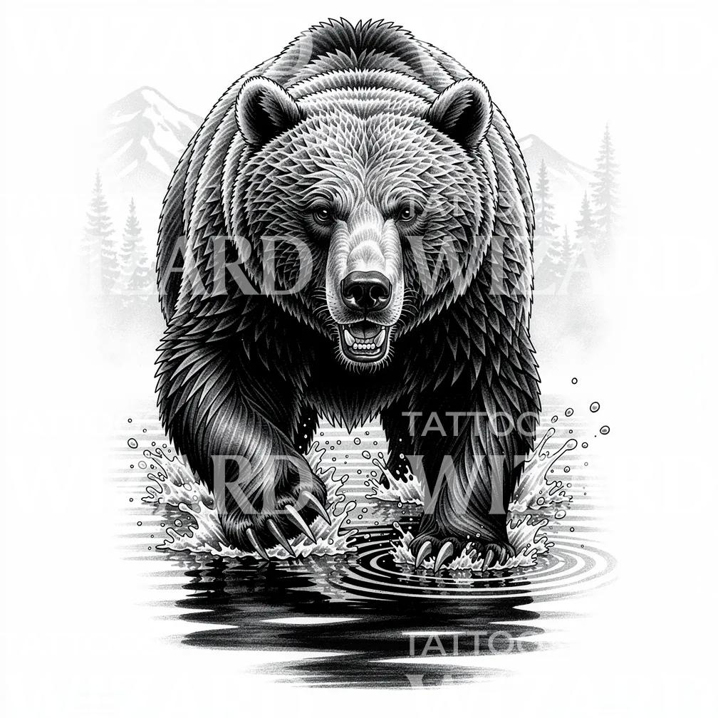 Angribende Grizzlybjørn Tattoo-Design