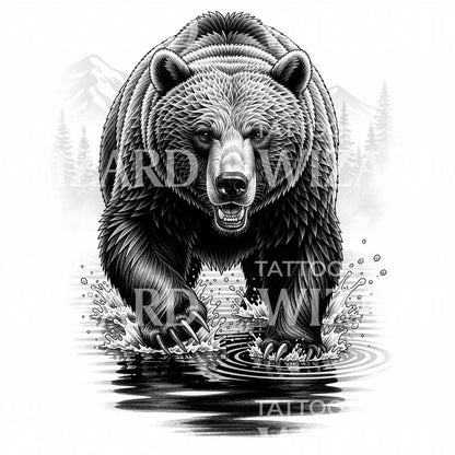 Angribende Grizzlybjørn Tattoo-Design