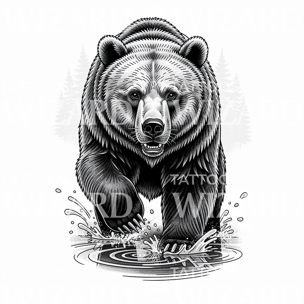 Angribende grizzlybjørn tatoveringsdesign