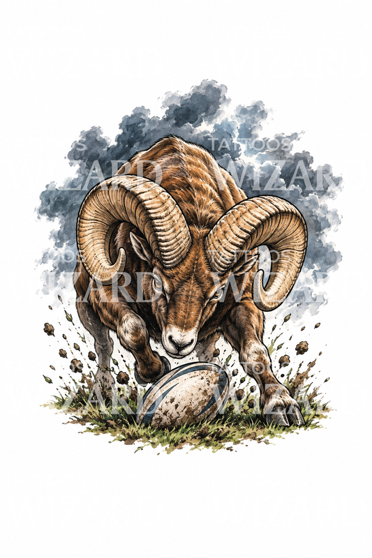 Disegno tattoo di ariete in carica con palla da rugby
