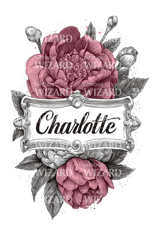 Charlotte Peony Ribbon Tattoo Design