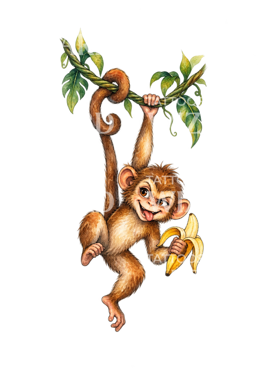 Akvareltatovering af en fræk abe, der svinger i en lian