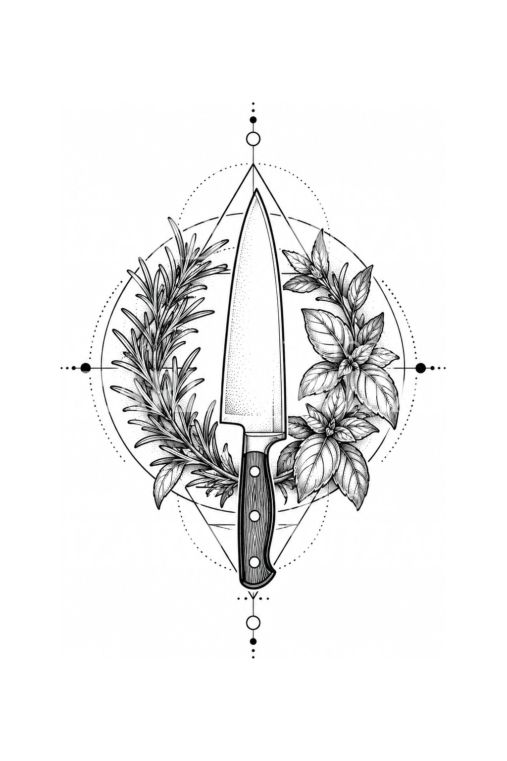 Chef Knife Herb Wreath Geometric Tattoo