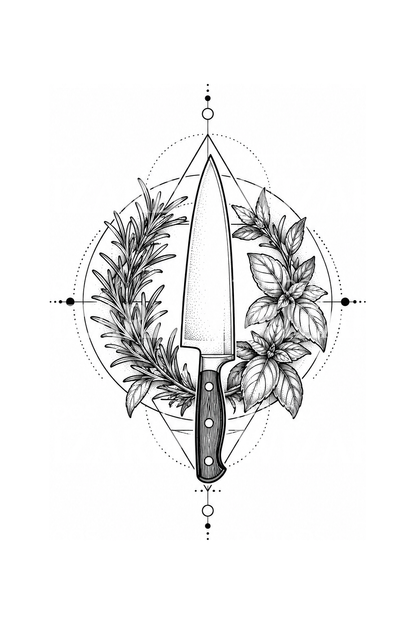 Chef Knife Herb Wreath Geometric Tattoo