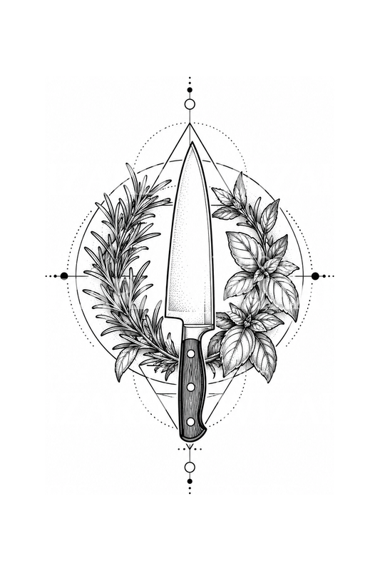 Chef Knife Herb Wreath Geometric Tattoo