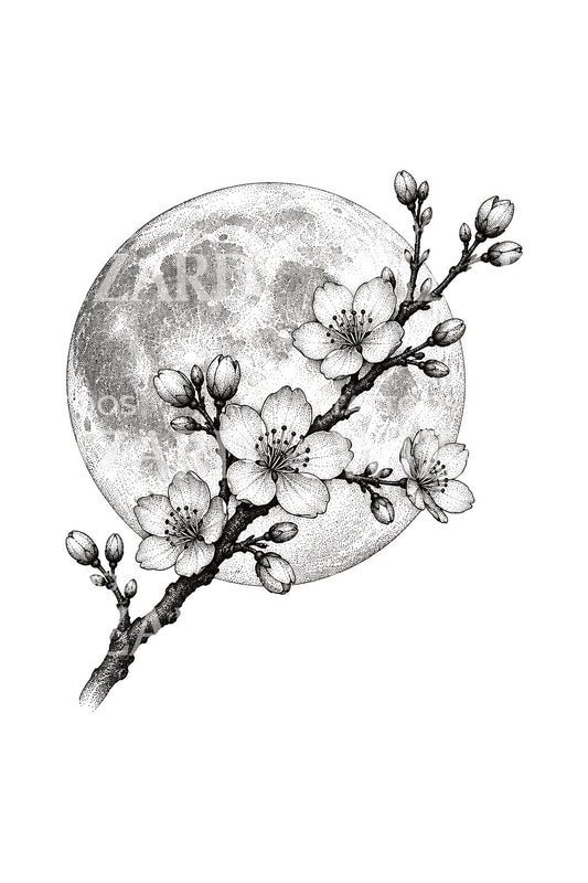 Cherry Blossom Against Full Moon Dotwork Tattoo Design (pl)