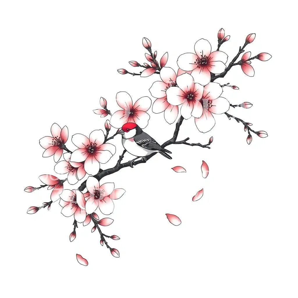 Cherry Blossom Bird Tattoo Design