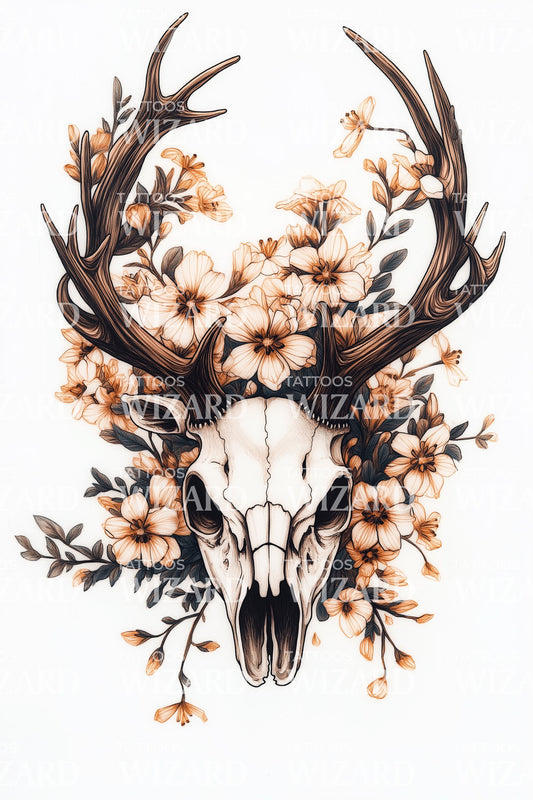Cherry Blossom Deer Skull Tattoo Design
