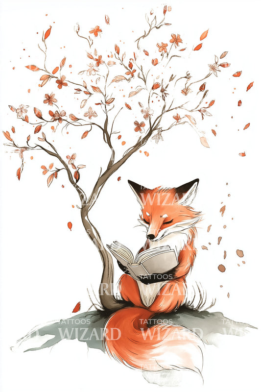 Cherry Blossom Fox Tattoo Illustration