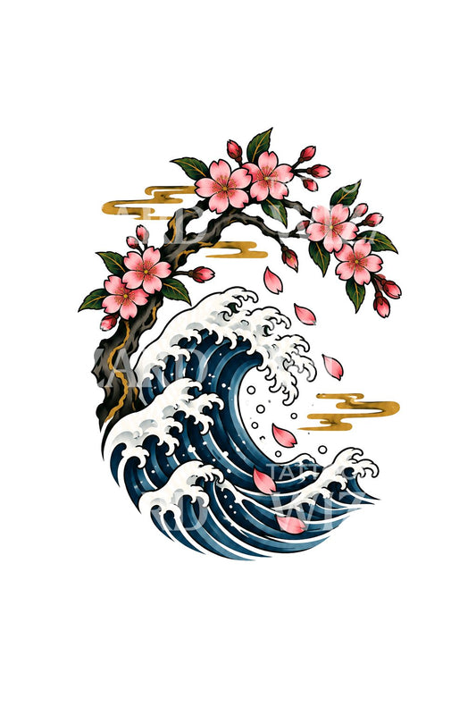 樱花飘落于和风波浪上的纹身插画