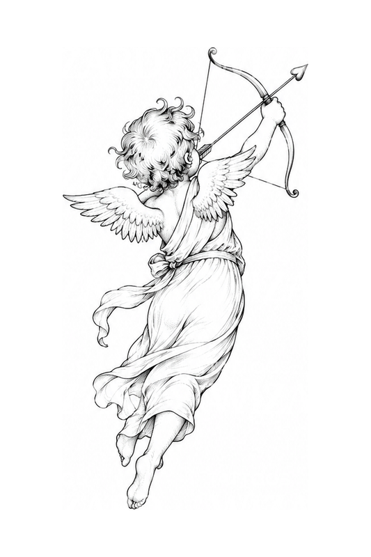 Desain Tato Cherub Pemanah dengan Busur, Fine Line