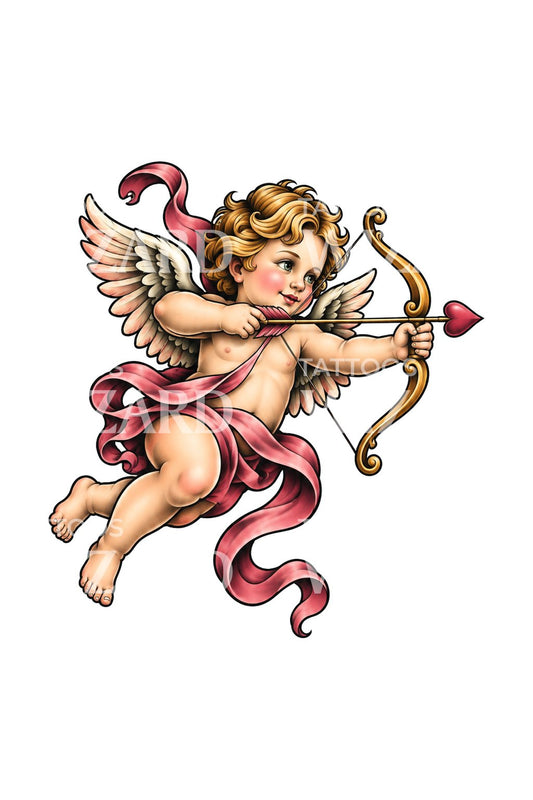Cherub Drawing Heart Arrow Tattoo Design
