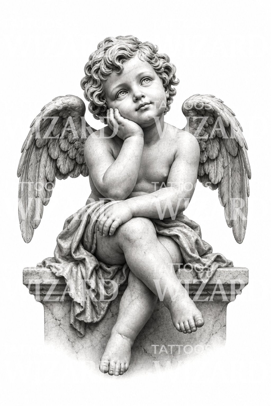 Cherub Statue Black and Grey Tattoo Design