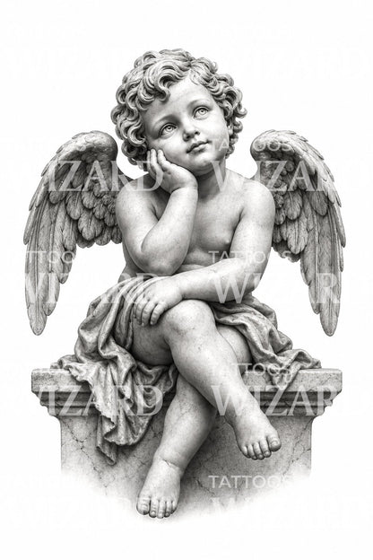 Cherub Statue Black and Grey Tattoo Design