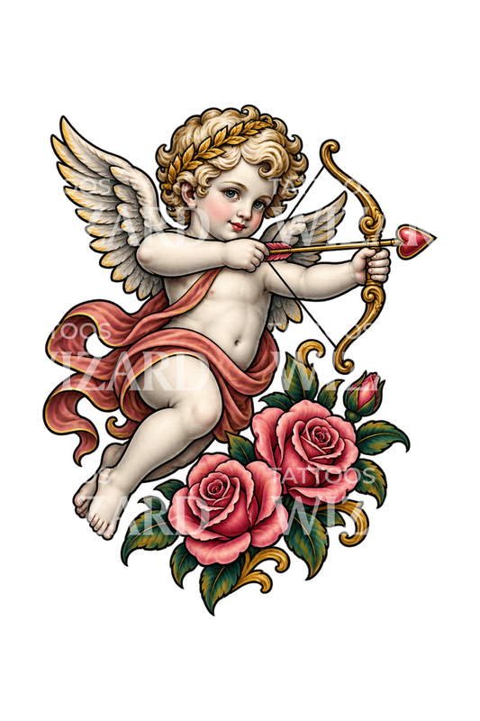Neotraditionelles Tattoo-Design mit Cherub, Herzpfeil, Bogen und Rosen