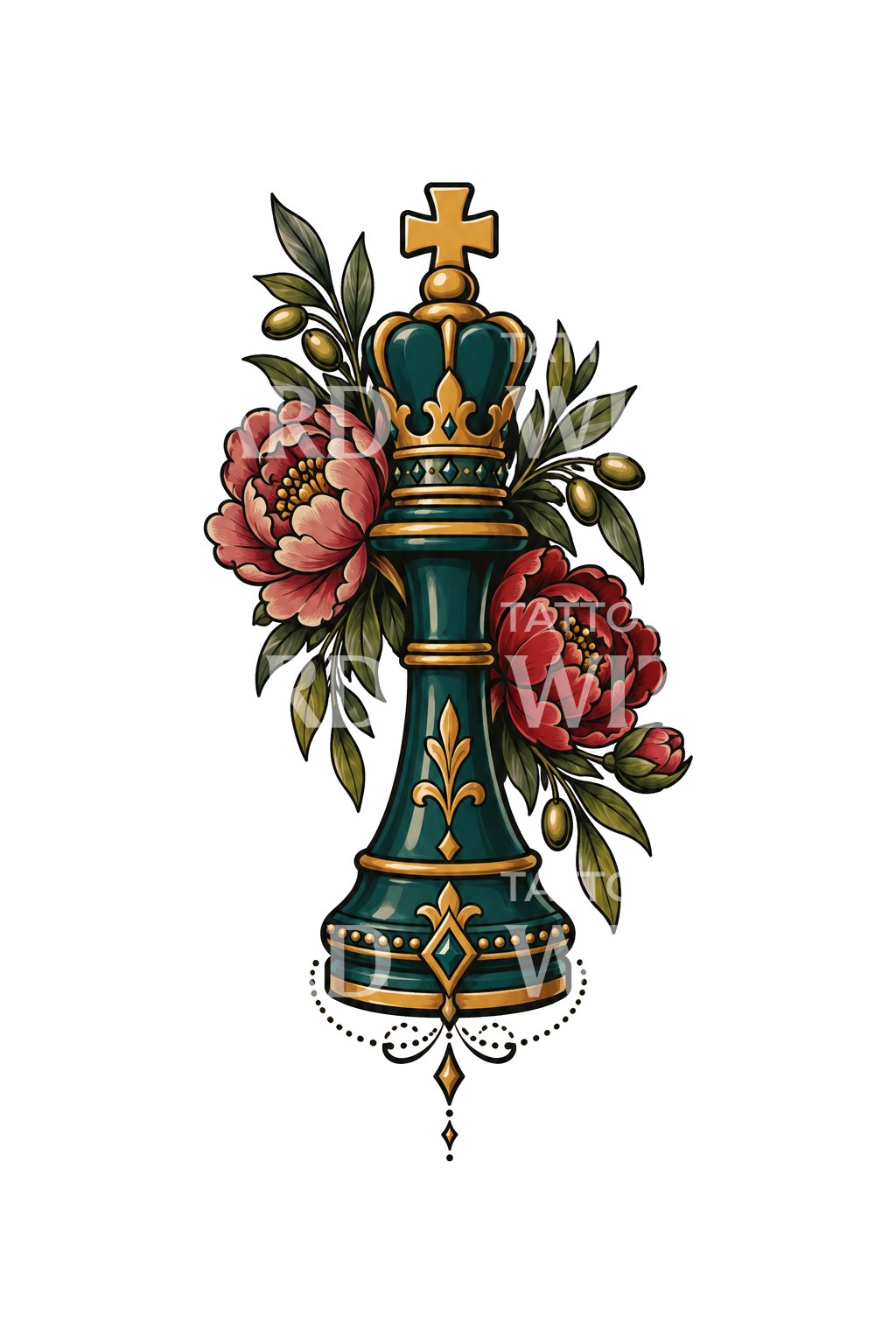 Chess King with Peonies Tattoo Design