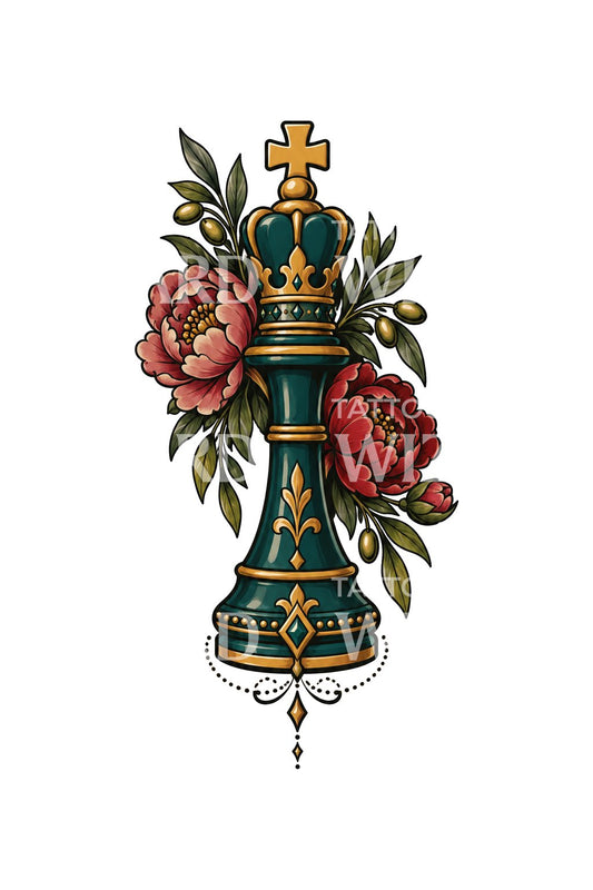 Tatoveringsdesign med skakkonge og pæoner