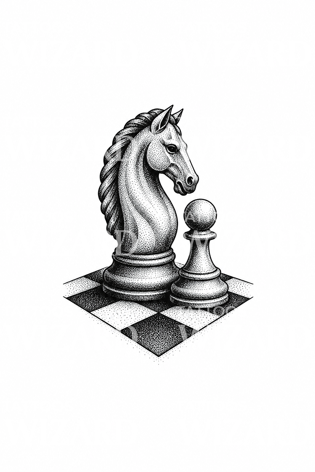 Tahta köşesinde satranç atı ve piyonu, dotwork dövme