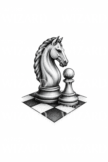Tahta köşesinde satranç atı ve piyonu, dotwork dövme