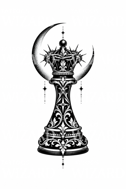 Tatuaggio regina degli scacchi, corona di spine e luna