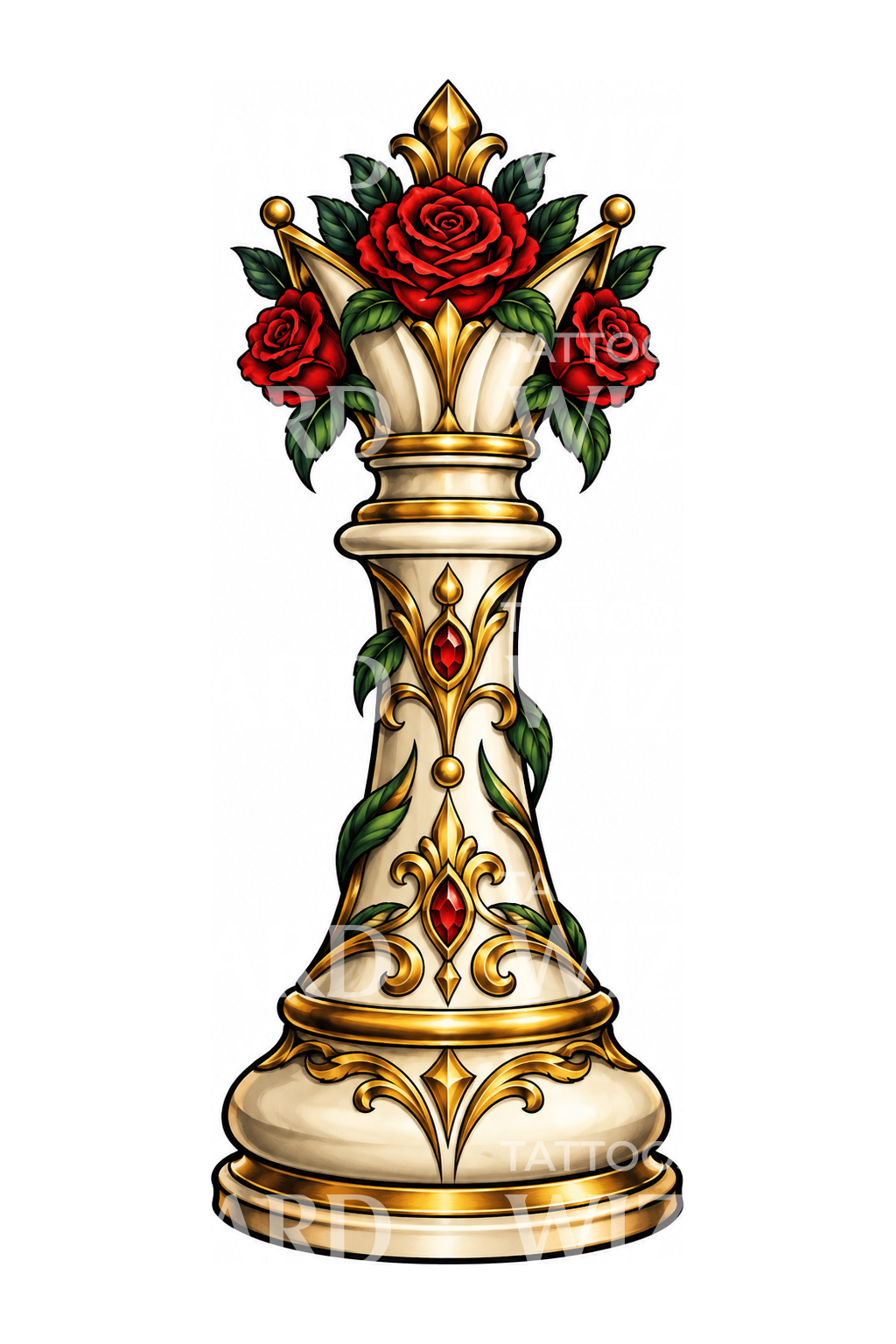 Desain Tato Ratu Catur dengan Mahkota Mawar Merah