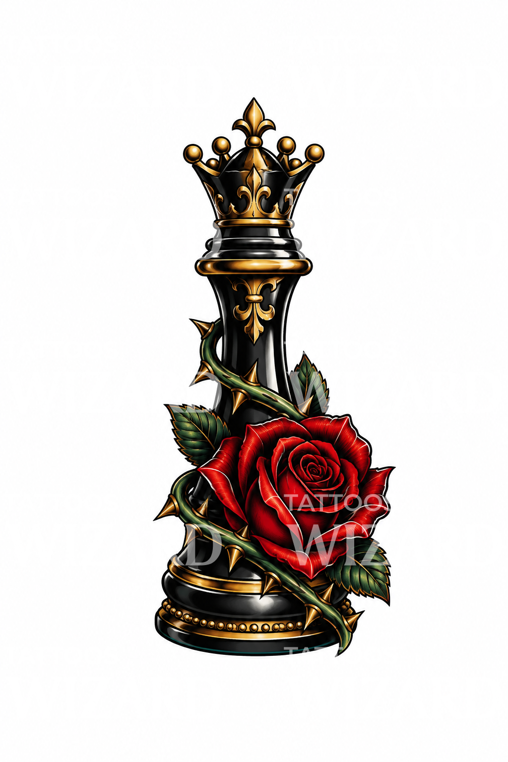 Desain tato ratu catur dengan mawar merah berduri