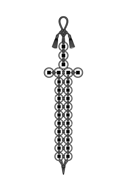 Design de tatuagem de talismã de espada chinesa com moedas