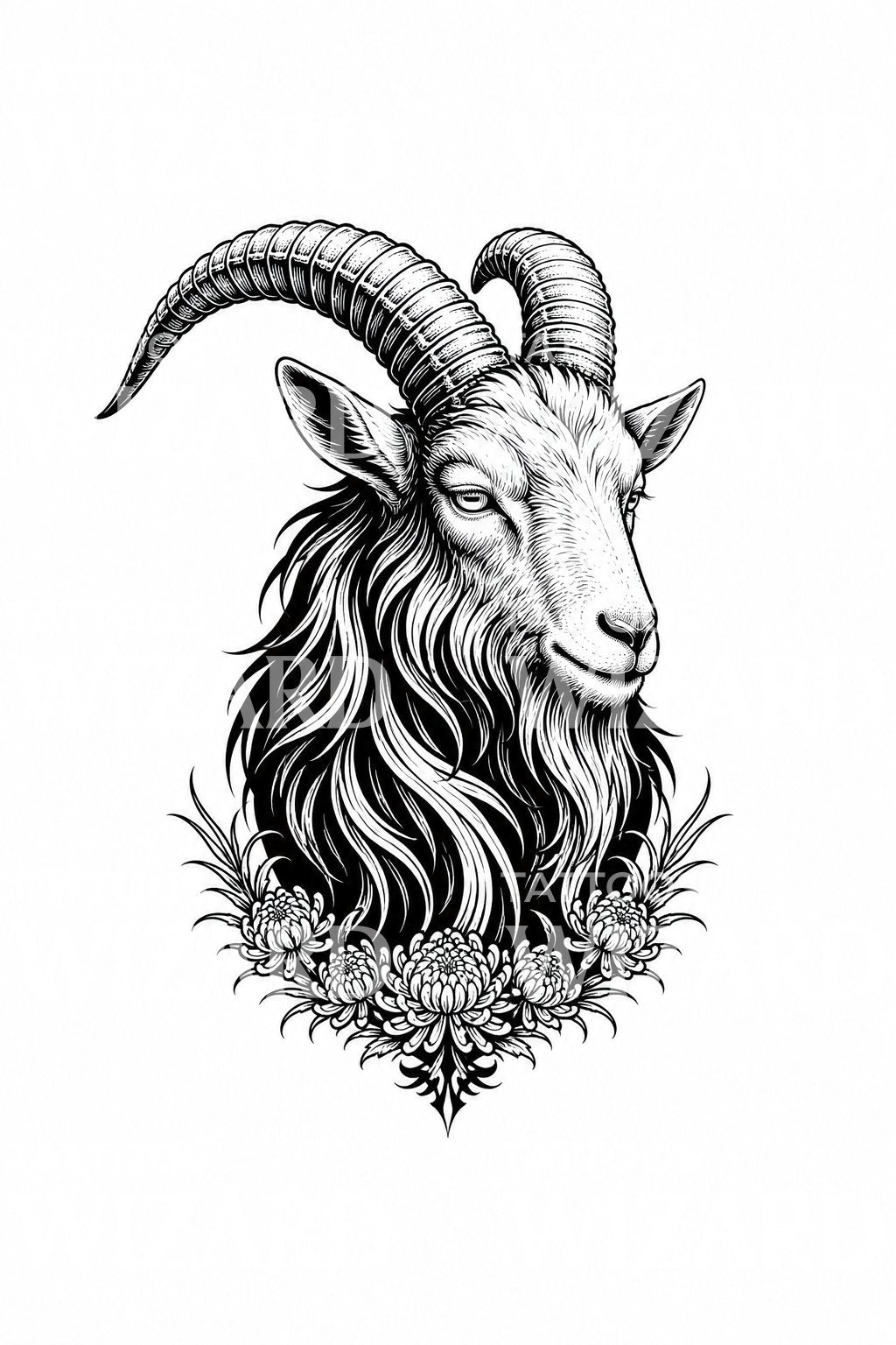 Chinese Zodiac Goat Blackwork Tattoo Design