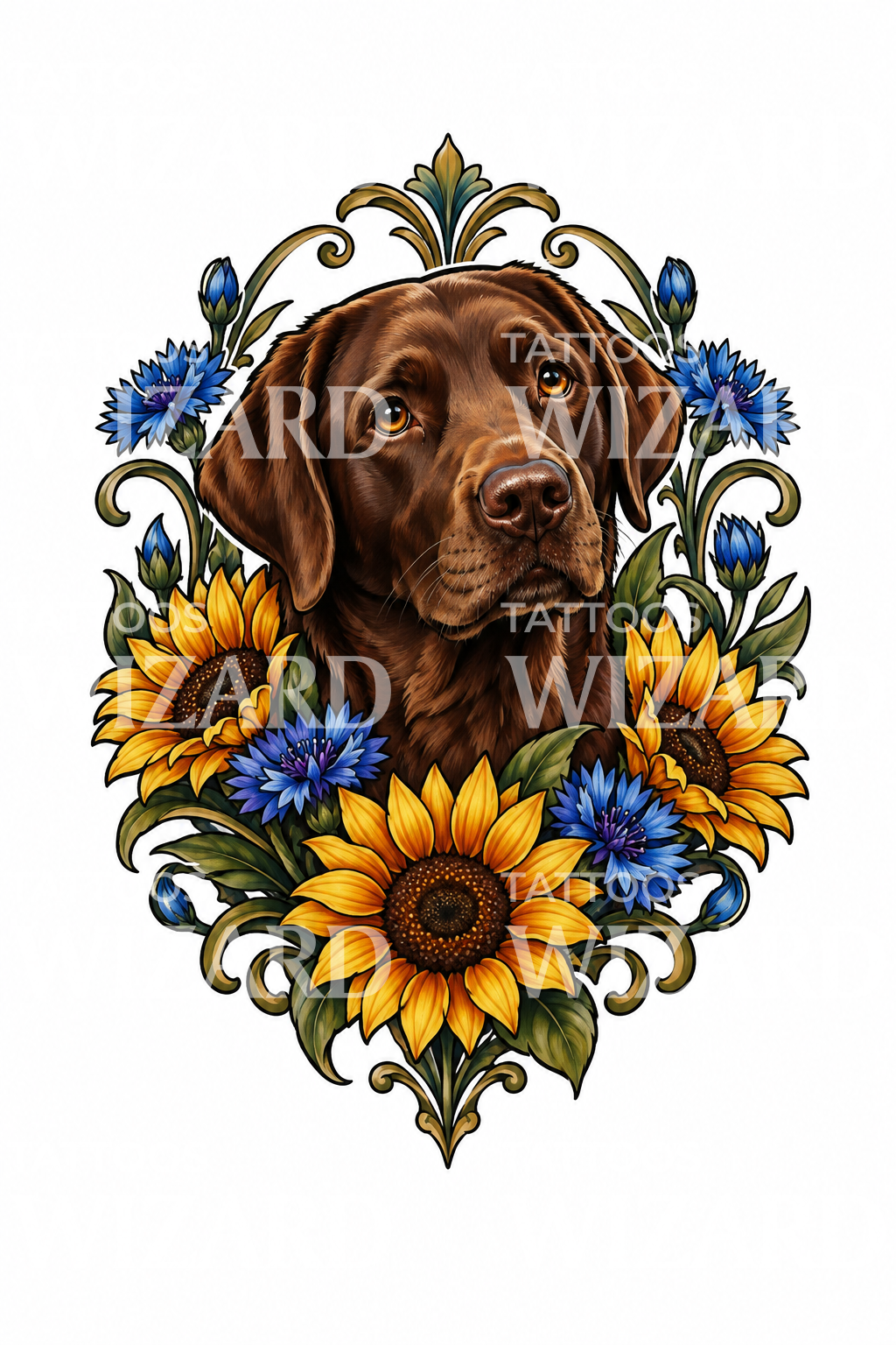 Chocolate Labrador with Sunflowers Tattoo Design