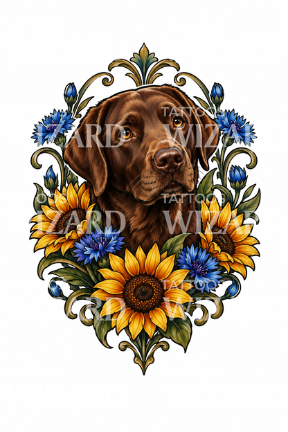 Chocolate Labrador with Sunflowers Tattoo Design