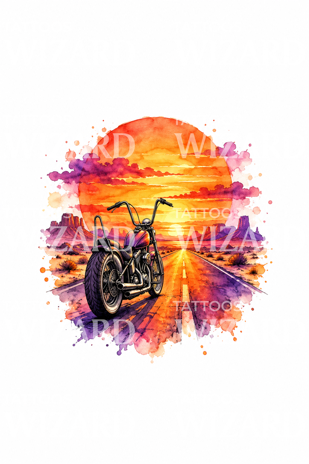Chopper Motorcycle at Sunset Watercolor Tattoo