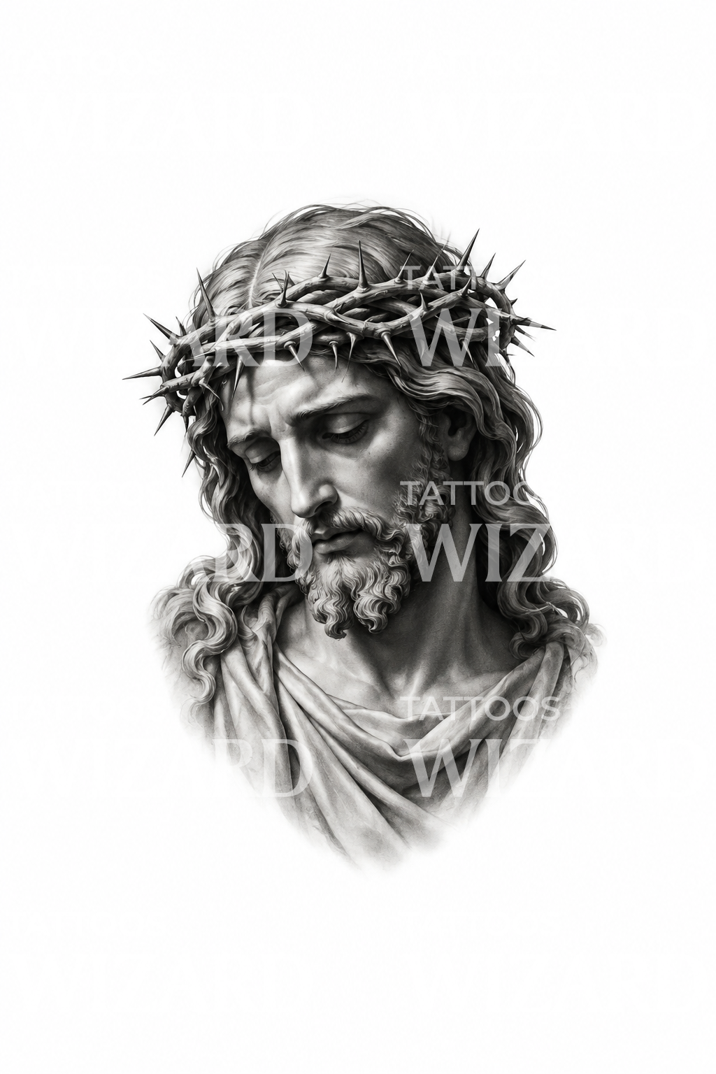 Christ with Crown of Thorns Statue Tattoo Design