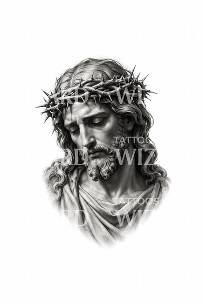 Christ with Crown of Thorns Statue Tattoo Design
