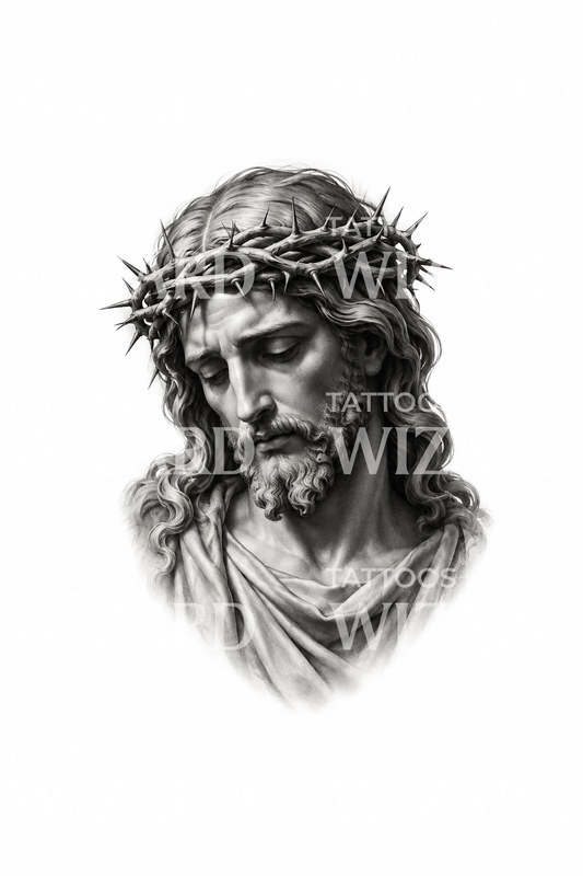 Design per tatuaggio della statua di Cristo con corona di spine