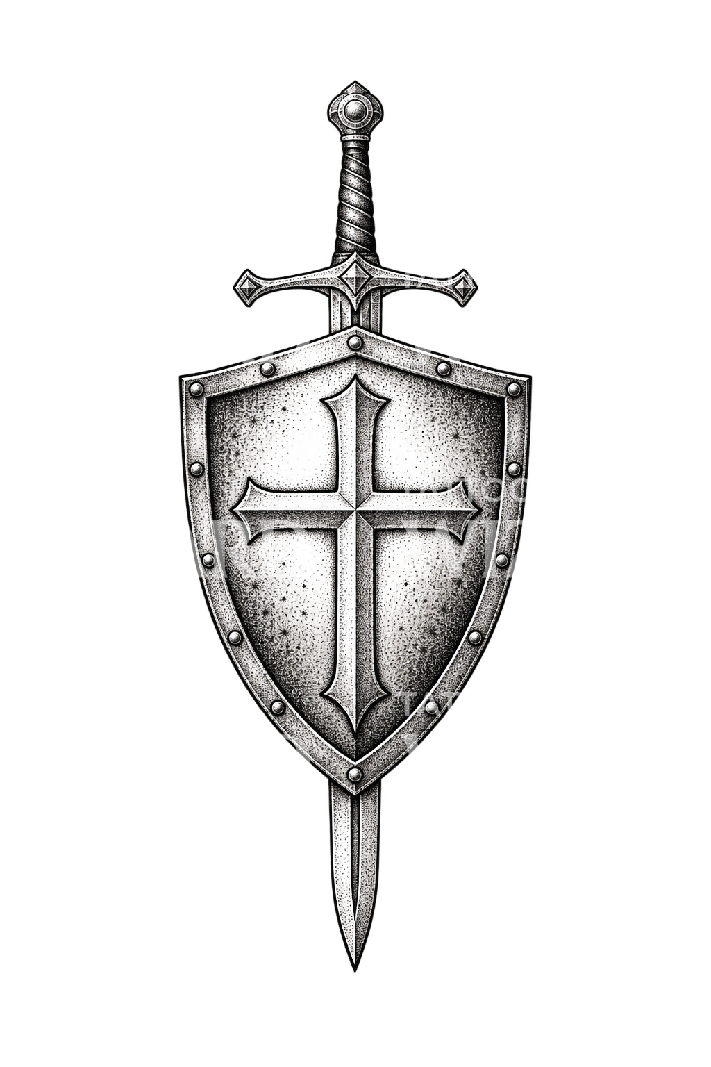 Christian Shield with Cross and Sword Dotwork Tattoo Idea