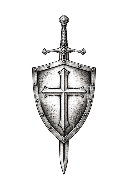 Christian Shield with Cross and Sword Dotwork Tattoo Idea
