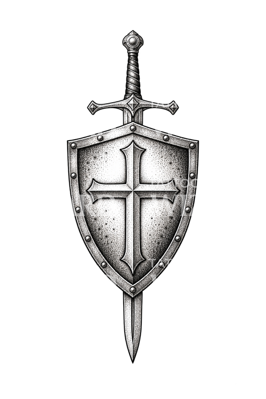 Christlicher Schild mit Kreuz und Schwert als Dotwork-Tattoo