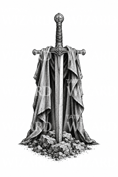Christian Warrior Sword in Stone with Cloak Tattoo