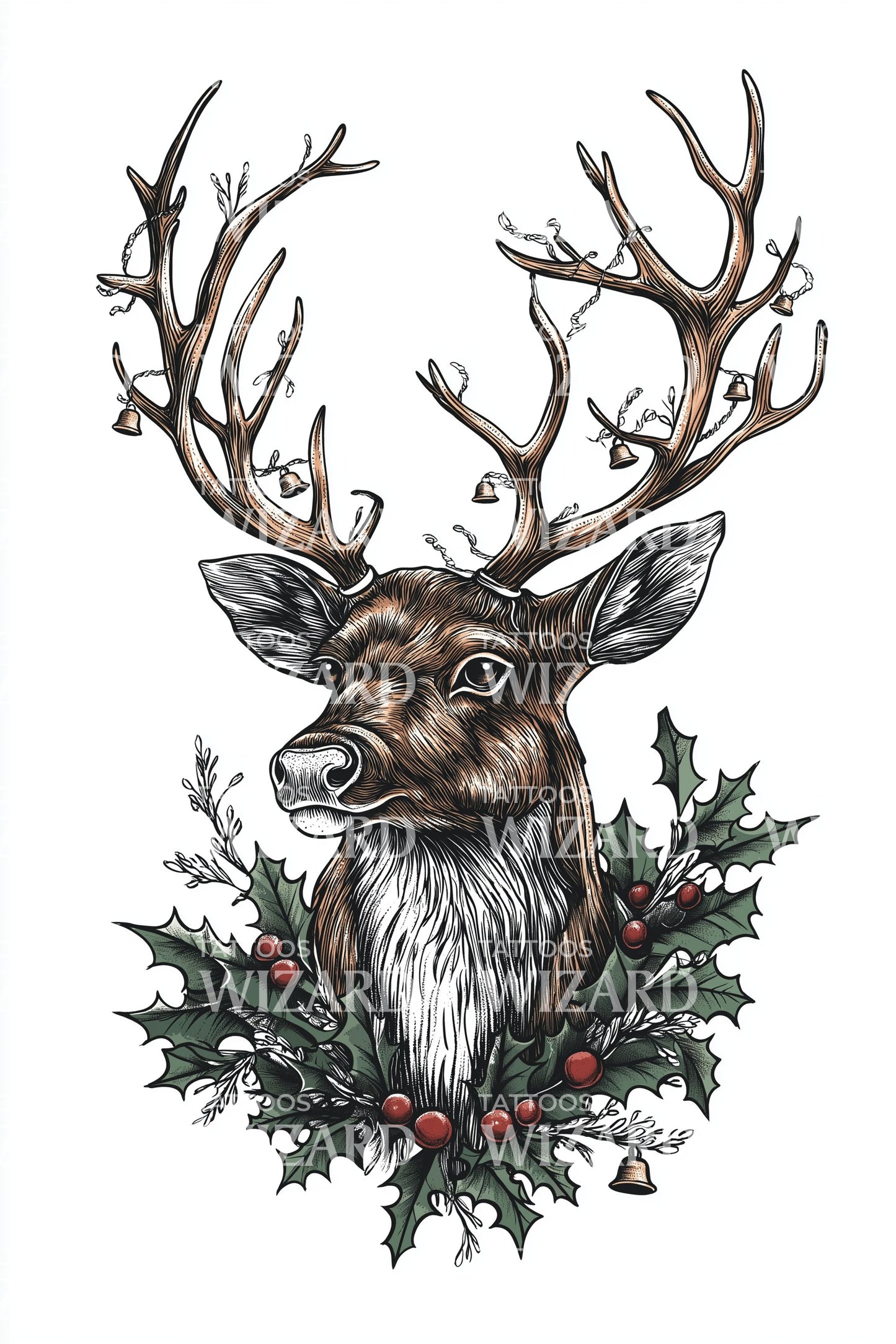 Christmas Holly Stag Tattoo Design