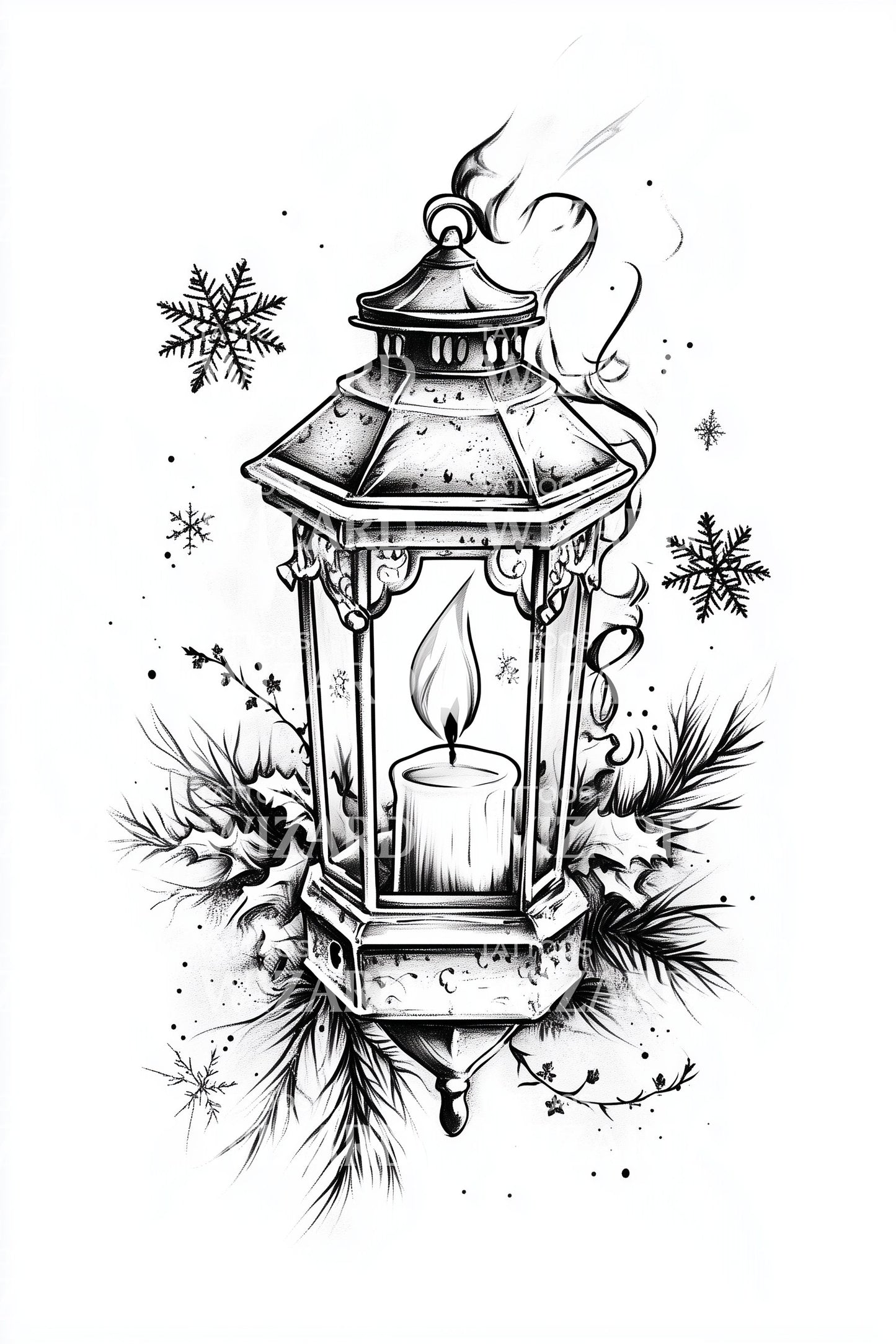 Christmas Lantern and Snowflakes Tattoo Design
